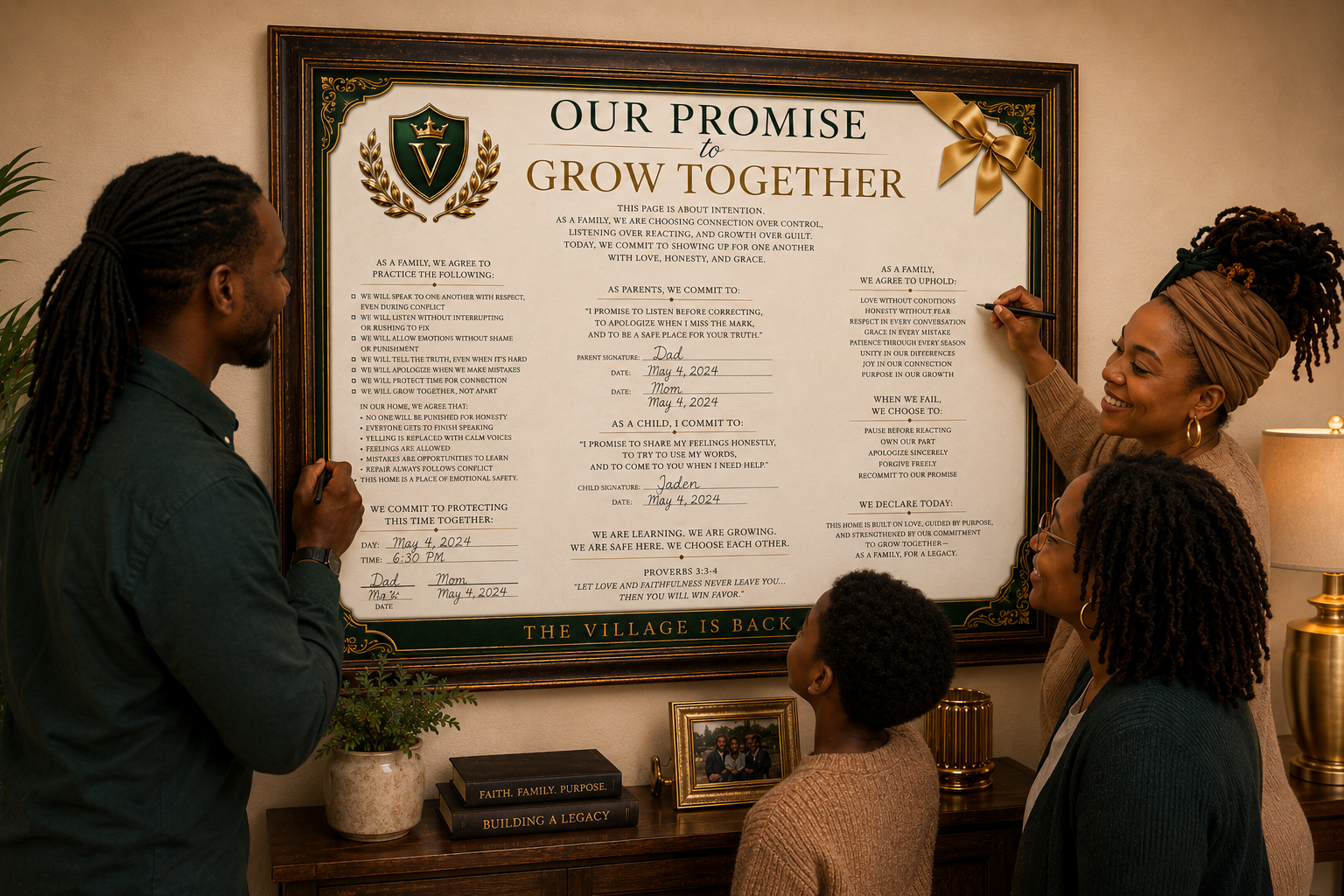 A family adding their signatures to the framed Our Promise to Grow Together covenant